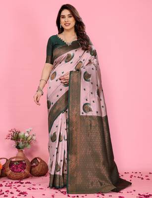 light pink green silk blend banarasi saree with unstitched blouse piece 1