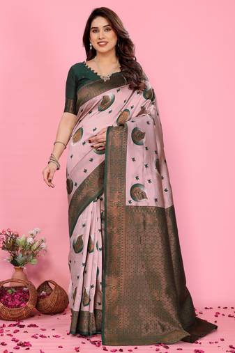 light pink  green  soft art silk blend banarasi jacuard work designer party wear saree with unstitched blouse piece