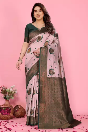 Light pink  green  soft silk blend banarasi jacuard work designer party wear saree with unstitched blouse piece