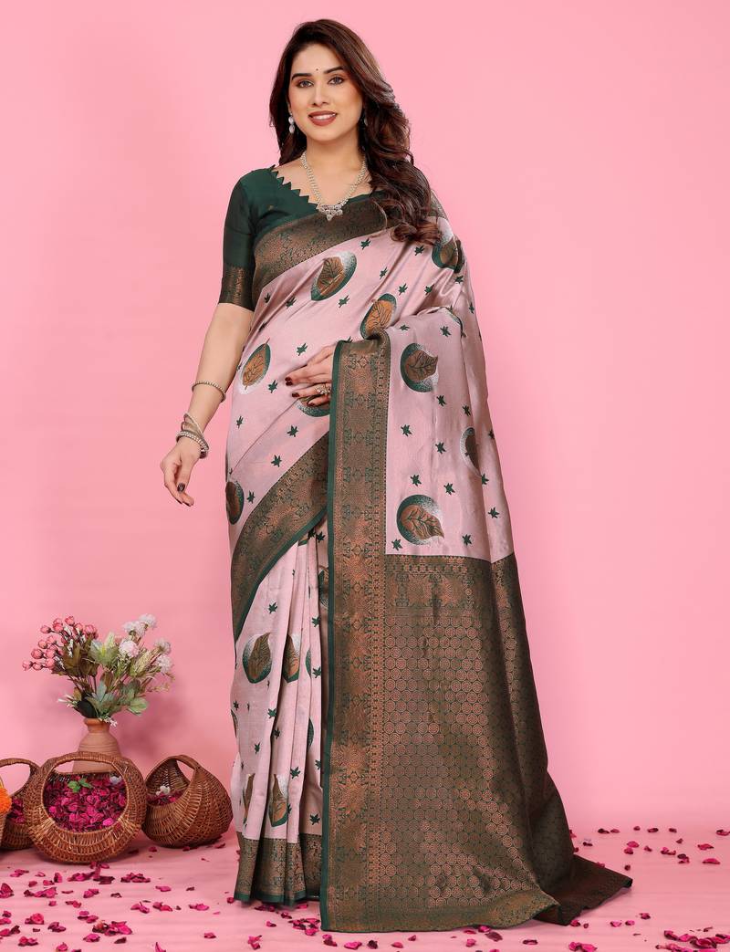 Light pink  green  soft silk blend banarasi jacuard work designer party wear saree with unstitched blouse piece