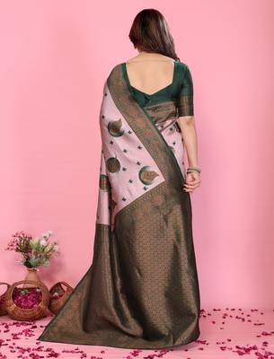 light pink green silk blend banarasi saree with unstitched blouse piece 2