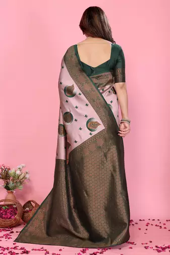 light pink green silk blend banarasi saree with unstitched blouse piece