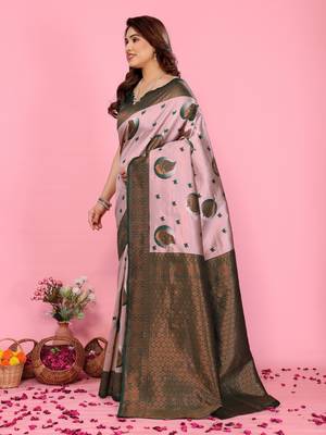light pink green silk blend banarasi saree with unstitched blouse piece 3