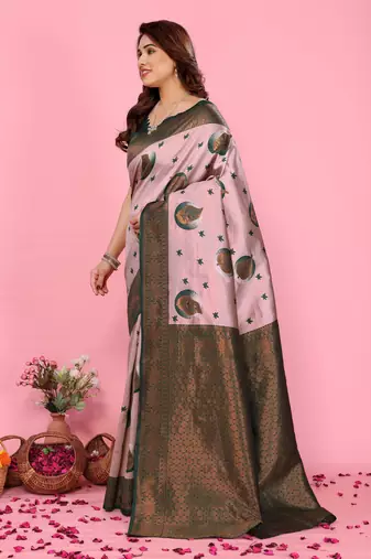 light pink green silk blend banarasi saree with unstitched blouse piece