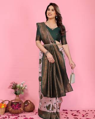 light pink green silk blend banarasi saree with unstitched blouse piece 4