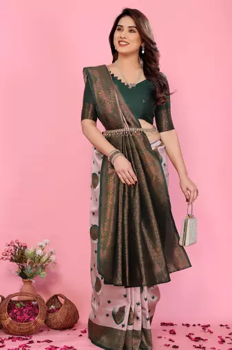 light pink green silk blend banarasi saree with unstitched blouse piece