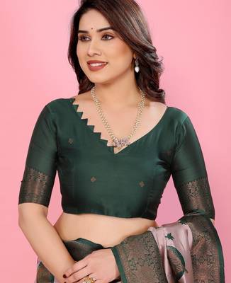 light pink green silk blend banarasi saree with unstitched blouse piece 5