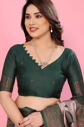 light pink green silk blend banarasi saree with unstitched blouse piece
