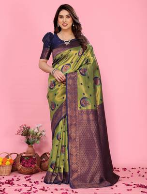 mehendi blue wine silk blend banarasi saree with unstitched blouse piece 1
