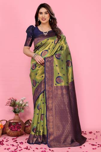Mehendi blue wine soft silk blend banarasi jacuard work designer party wear saree with unstitched blouse piece