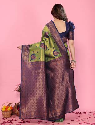 mehendi blue wine silk blend banarasi saree with unstitched blouse piece 2