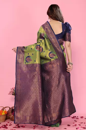 mehendi blue wine silk blend banarasi saree with unstitched blouse piece