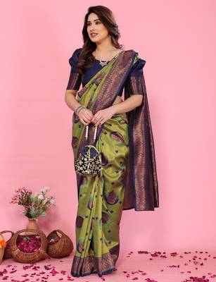 mehendi blue wine silk blend banarasi saree with unstitched blouse piece 3