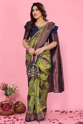 mehendi blue wine silk blend banarasi saree with unstitched blouse piece