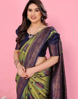mehendi blue wine silk blend banarasi saree with unstitched blouse piece 4