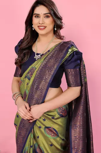mehendi blue wine silk blend banarasi saree with unstitched blouse piece