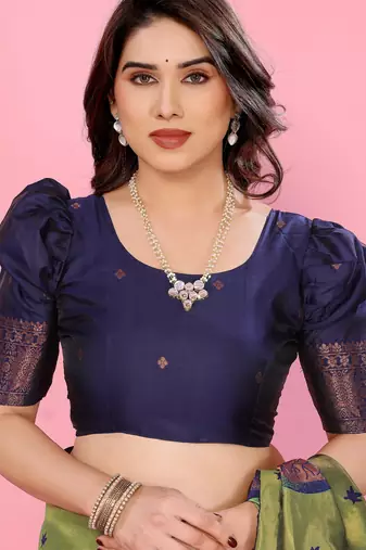 mehendi blue wine silk blend banarasi saree with unstitched blouse piece