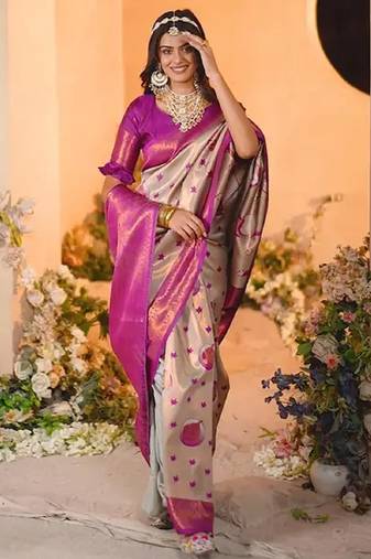 cream  pink soft art silk blend banarasi jacuard work designer party wear saree with unstitched blouse piece