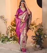 Cream  pink soft silk blend banarasi jacuard work designer party wear saree with unstitched blouse piece