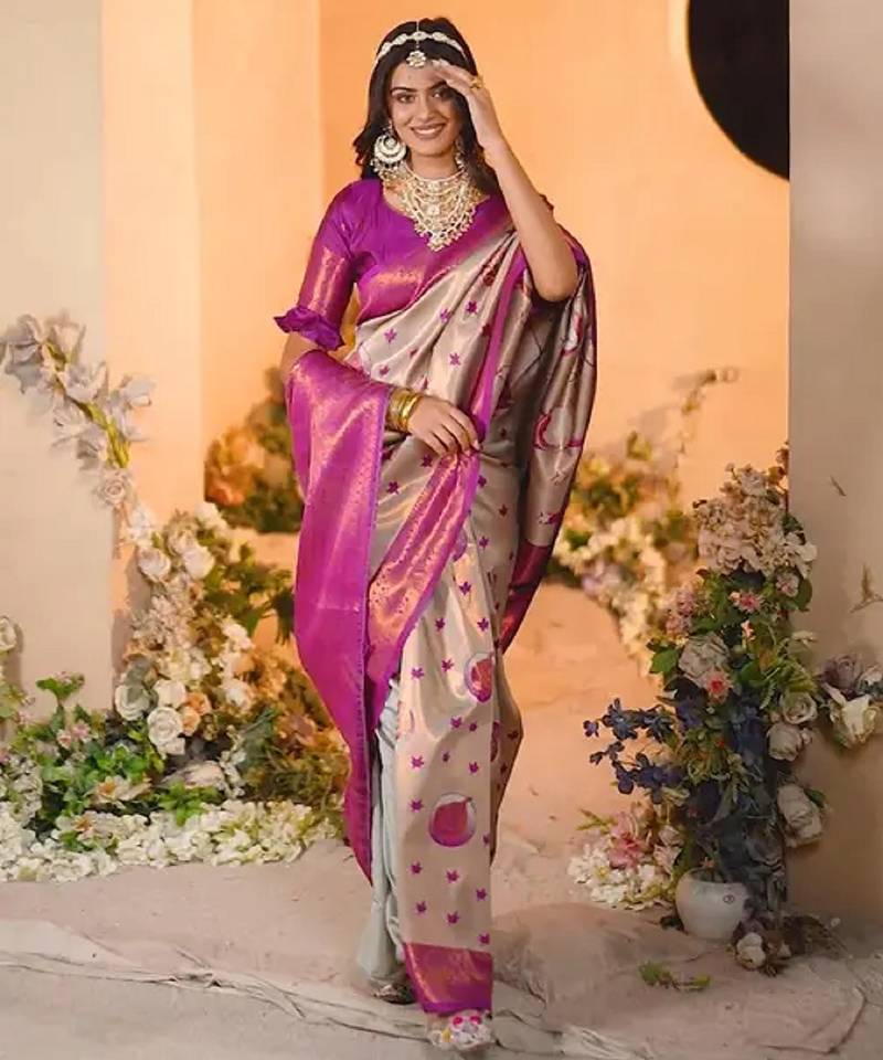 Cream  pink soft silk blend banarasi jacuard work designer party wear saree with unstitched blouse piece
