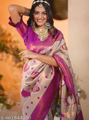 cream pink silk blend banarasi saree with unstitched blouse piece 1