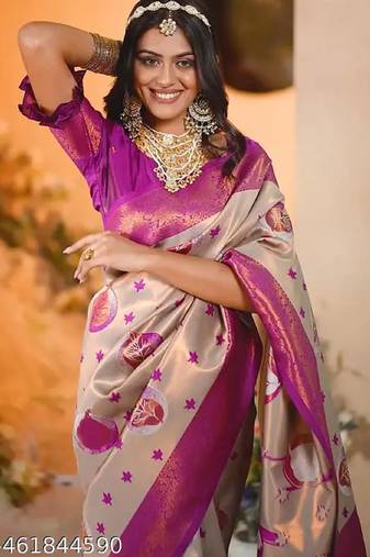 cream  pink soft art silk blend banarasi jacuard work designer party wear saree with unstitched blouse piece