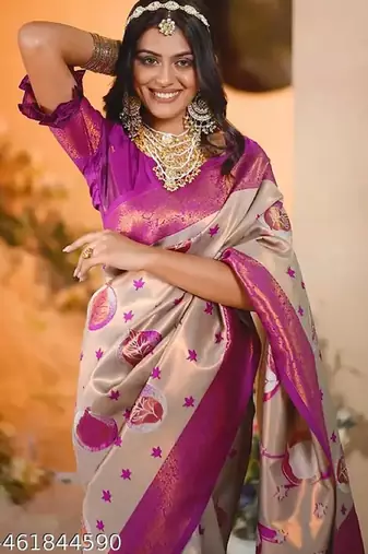 cream  pink soft art silk blend banarasi jacuard work designer party wear saree with unstitched blouse piece