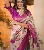 cream pink silk blend banarasi saree with unstitched blouse piece