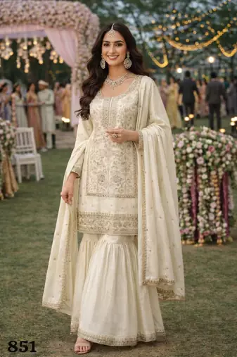 Elegant cream embroidered real silk kurta sharara set with dupatta