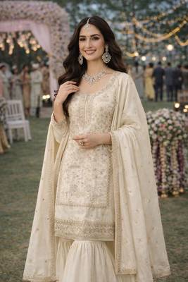  cream embroidered real silk kurta sharara set with dupatta 2