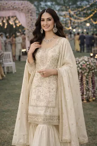 cream embroidered real silk kurta sharara set with dupatta