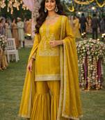 Elegant mustard embroidered real silk kurta sharara set with dupatta