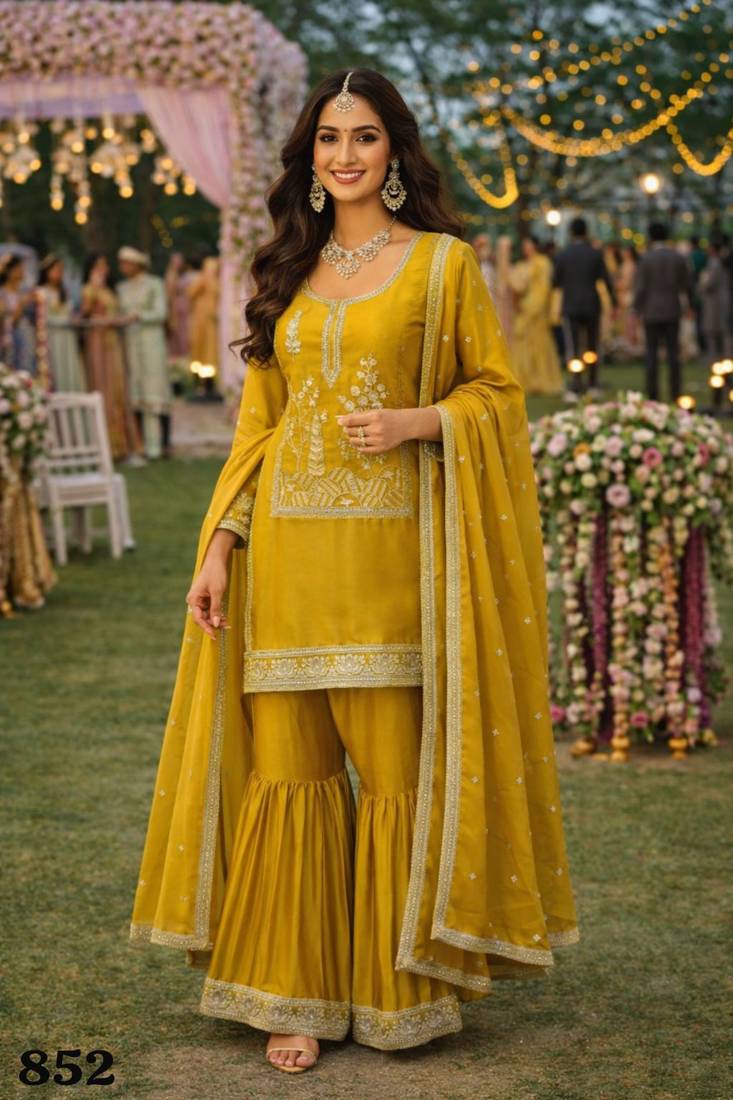 Elegant mustard embroidered real silk kurta sharara set with dupatta