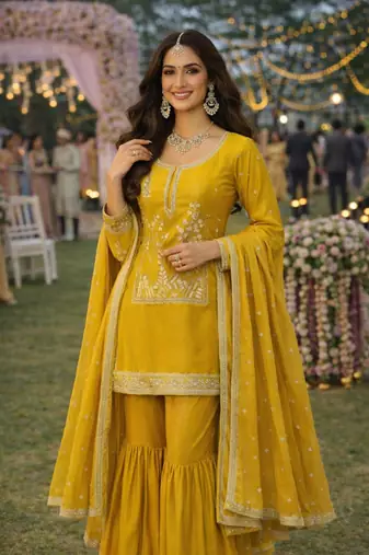  mustard embroidered real silk kurta sharara set with dupatta