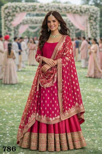 Elegant pink silk embroidered anarkali gown with dupatta