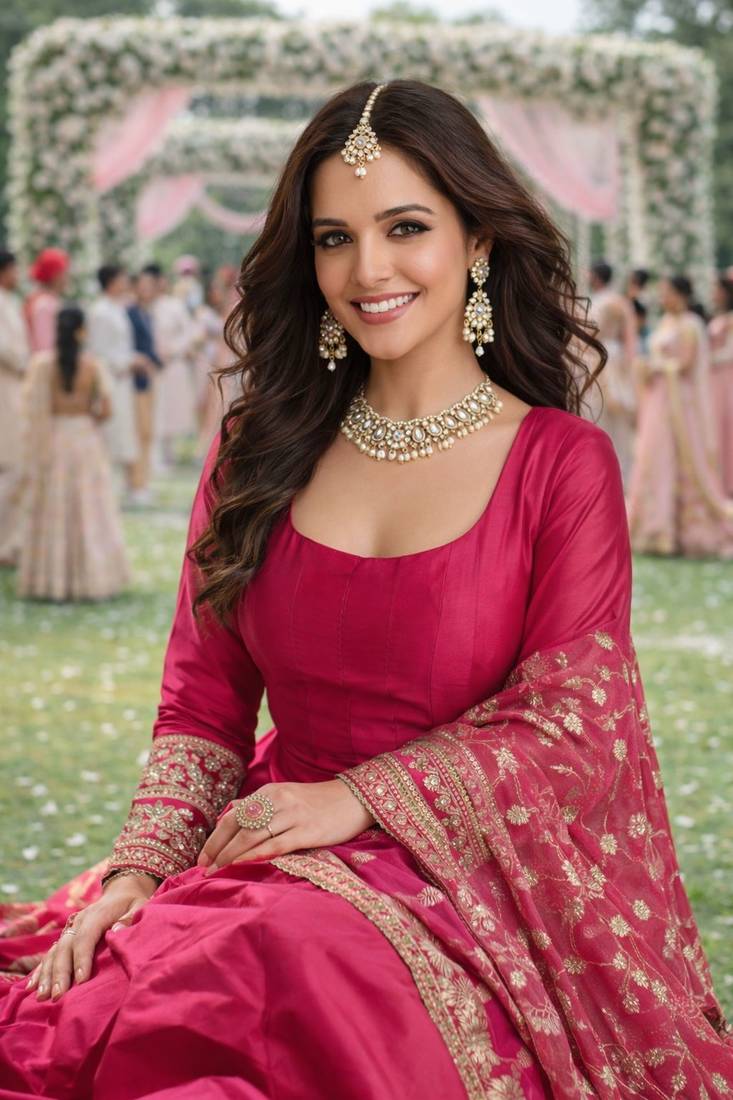 Elegant pink silk embroidered anarkali gown with dupatta