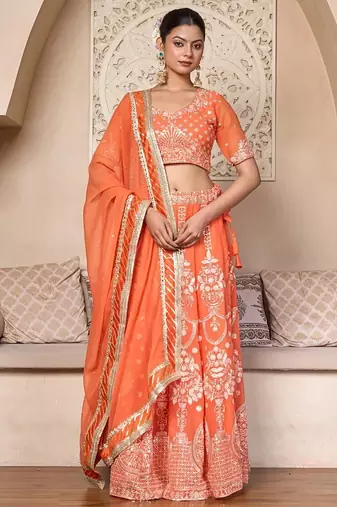 orange silk embroidered lehenga choli with gota patti dupatta