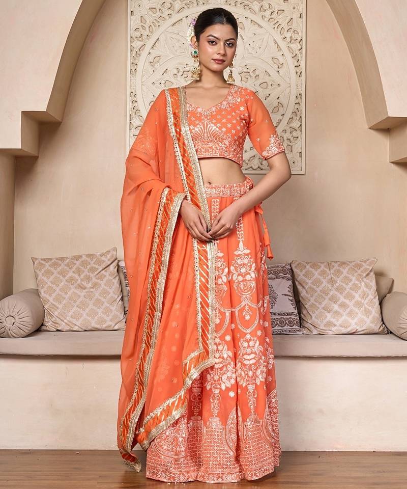 orange silk embroidered lehenga choli with gota patti dupatta