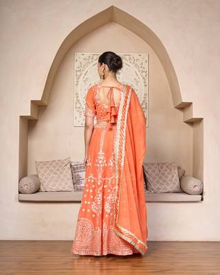 orange silk embroidered lehenga choli with gota patti dupatta 3