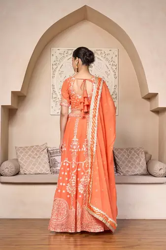 orange silk embroidered lehenga choli with gota patti dupatta