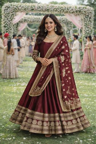 Elegant maroon silk embroidered anarkali gown with dupatta
