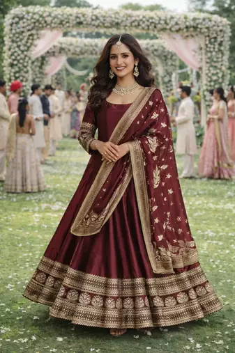 Elegant maroon silk embroidered anarkali gown with dupatta