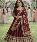 Elegant maroon silk embroidered anarkali gown with dupatta