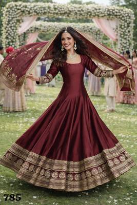  maroon silk embroidered anarkali gown with dupatta 2