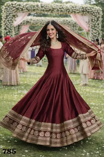  maroon silk embroidered anarkali gown with dupatta