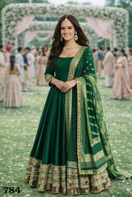  emerald green silk embroidered anarkali gown with dupatta 1