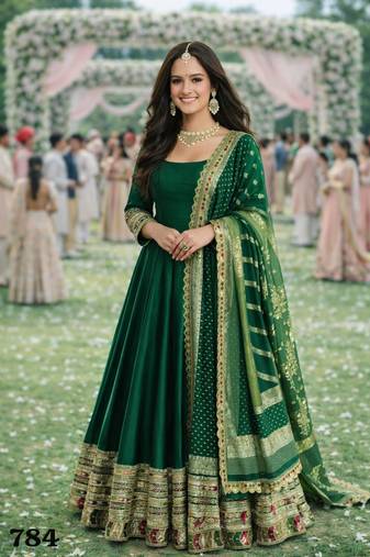 Elegant emerald green silk embroidered anarkali gown with dupatta