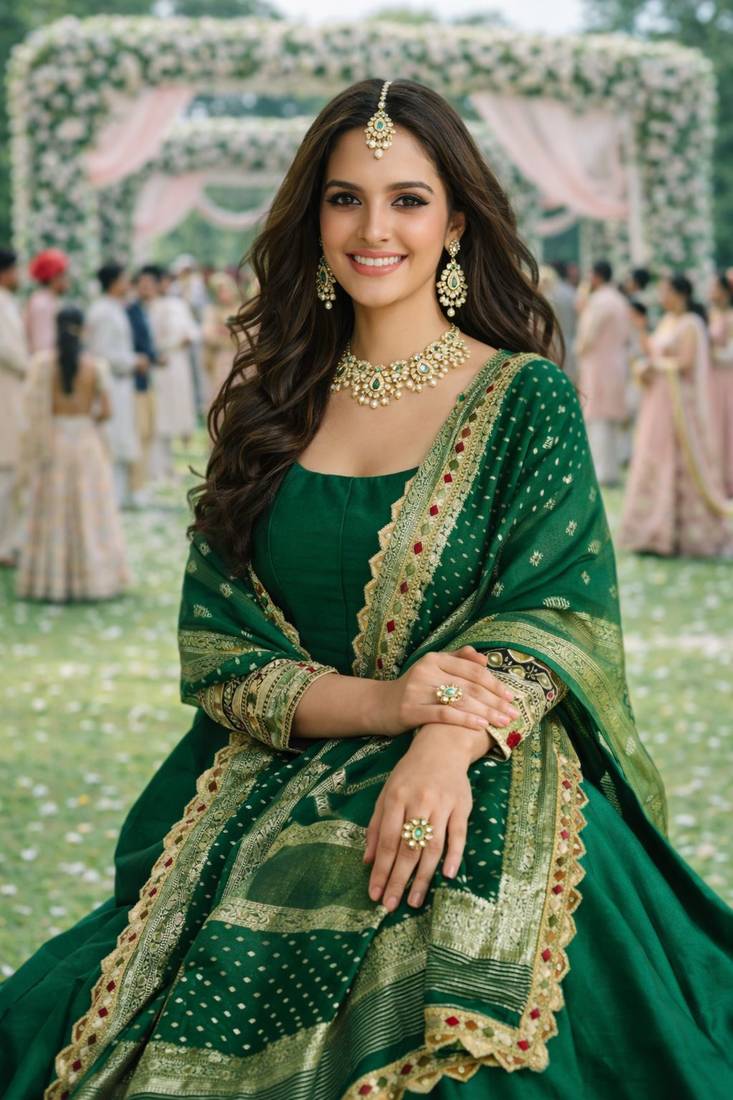 Elegant emerald green silk embroidered anarkali gown with dupatta