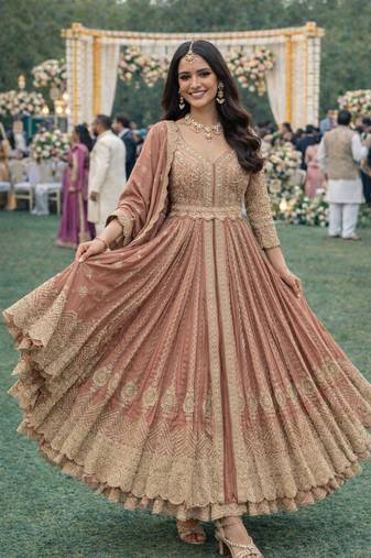 Elegant peach chinon embroidered anarkali gown set with dupatta & bottom
