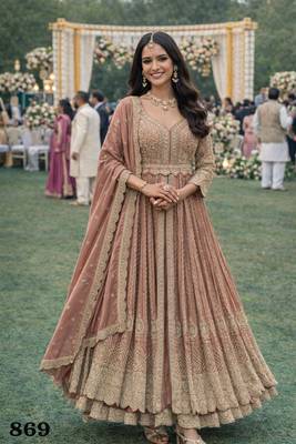  peach chinon embroidered anarkali gown set with dupatta & bottom 2